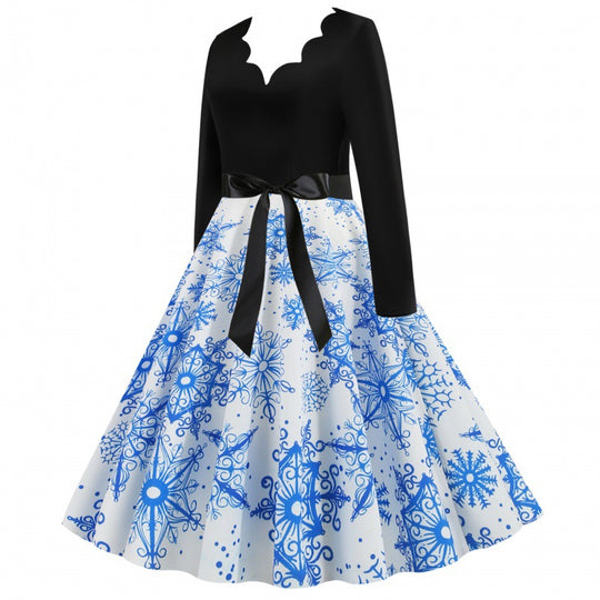 Damen Festliches Tellerrockkleid mit geschwungener Ausschnittkante, langen Ärmeln und Satin-Taillengürtel Shop Nory