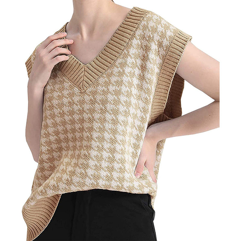 Damen Strickweste mit Hahnentritt-Muster, V-Ausschnitt und geripptem Saum Shop Nory