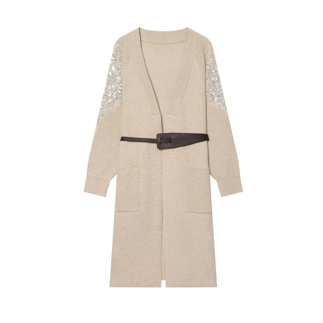 Damen Lange Strickmantel-Cardigan mit Taillengürtel und Paillettenärmeln Shop Nory