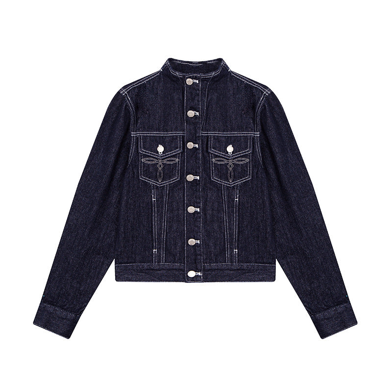 Damen Taillierte Jeansjacke mit Stehkragen, Ziernähten und Metallknopfverschluss Shop Nory