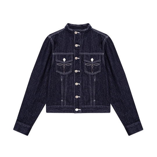 Damen Taillierte Jeansjacke mit Stehkragen, Ziernähten und Metallknopfverschluss Shop Nory