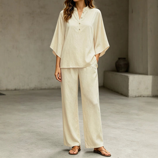 Damen Lässiges Zweiteiler‑Set mit Stehkragen‑Henleytop und weitem High‑Waist Palazzo‑Hose Shop Nory