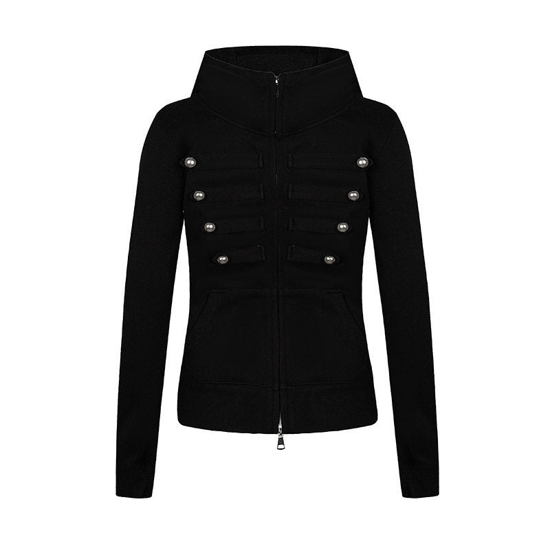 Damen Kapuzen-Sweatjacke im Military-Style mit Stehkragen, Zierriegeln und durchgehendem Reißverschluss Shop Nory