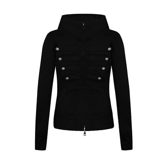 Damen Kapuzen-Sweatjacke im Military-Style mit Stehkragen, Zierriegeln und durchgehendem Reißverschluss Shop Nory