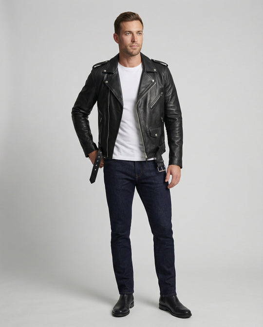 Herren Kunstleder Bikerjacke mit asymmetrischem Reißverschluss