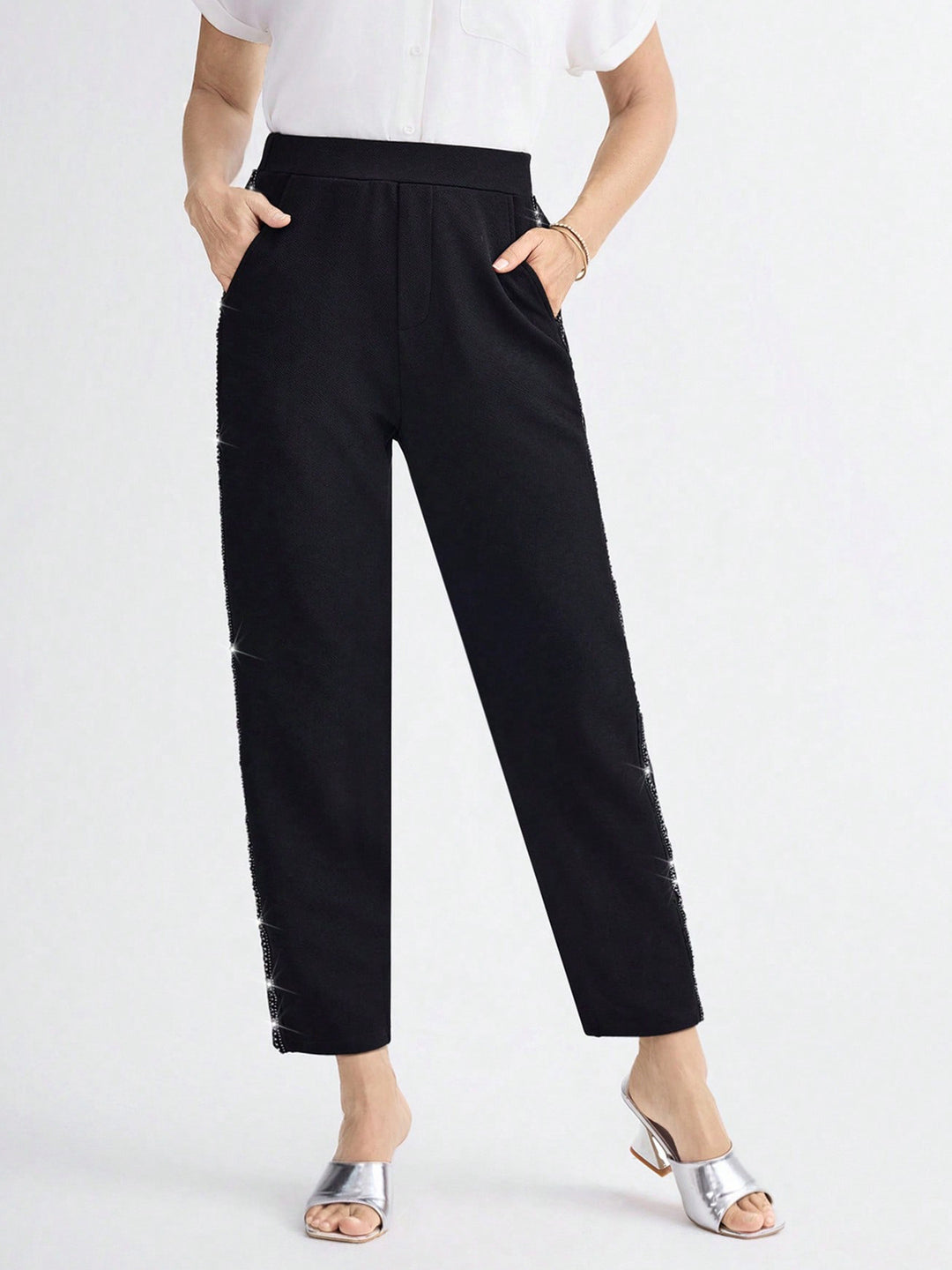 Damen Elegante gerade geschnittene Stoffhose mit elastischem Bund und seitlichem Glitzerbesatz Shop Nory