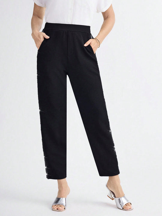 Damen Elegante gerade geschnittene Stoffhose mit elastischem Bund und seitlichem Glitzerbesatz Shop Nory