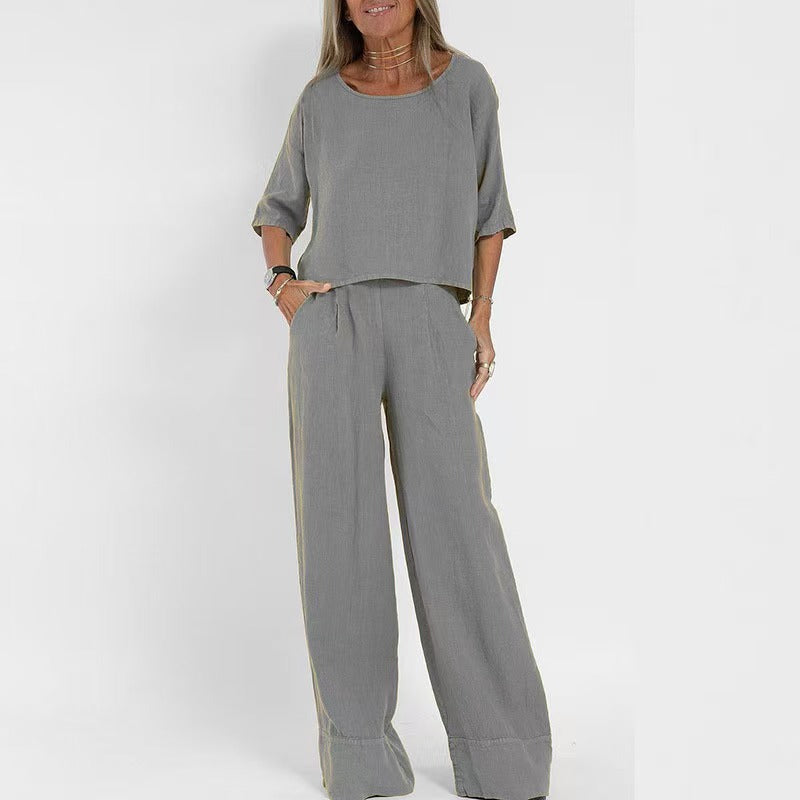 Damen luftiges Leinen-Ensemble mit weitem Schnitt und praktischen Taschen