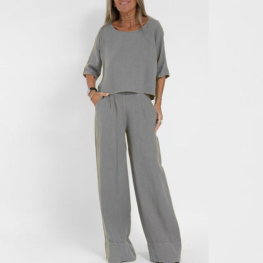 Damen luftiges Leinen-Ensemble mit weitem Schnitt und praktischen Taschen
