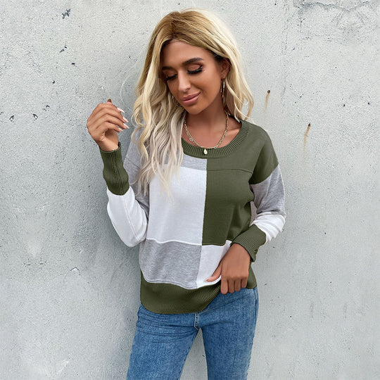 Damen Patchwork-Strickpullover mit kontrastierenden Feldern, Rundhalsausschnitt und gerippten Abschlüssen Shop Nory