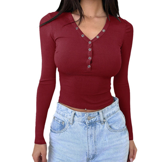 Damen nan tailliertes Ripp-Langarmshirt mit dekorativer Knopfleiste und Metallösen Shop Nory