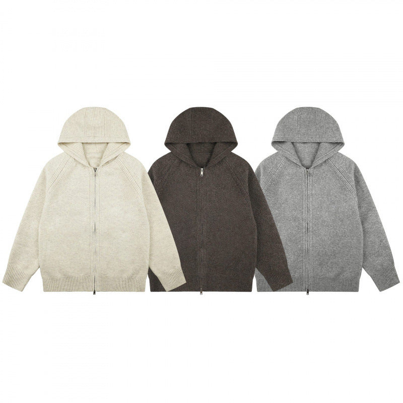 Unisex Weitgeschnittener Kapuzenstrickcardigan mit durchgehendem Reißverschluss und Raglanärmeln Shop Nory