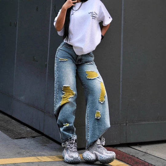 Damen weite High-Waist Jeanshose mit Destroyed-Details und kontrastierendem Unterfutter Shop Nory