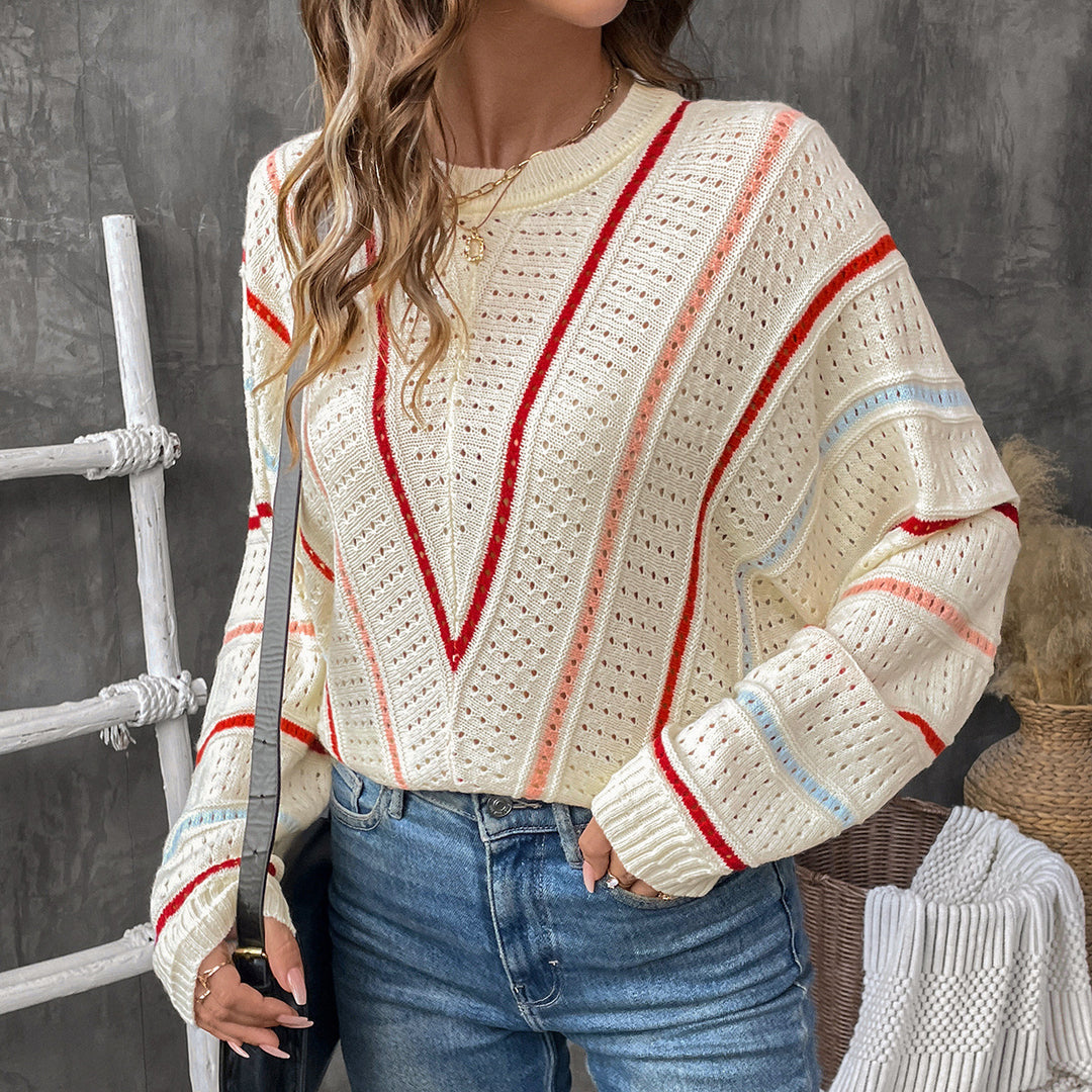 Damen Oversize-Ajourstrickpullover mit V-Streifen-Design Shop Nory
