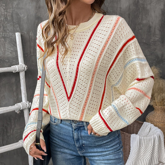Damen Oversize-Ajourstrickpullover mit V-Streifen-Design Shop Nory