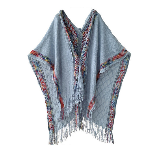 Damen Gewebter Kapuzenponcho mit Fransen und Ethno‑Bordüre Shop Nory