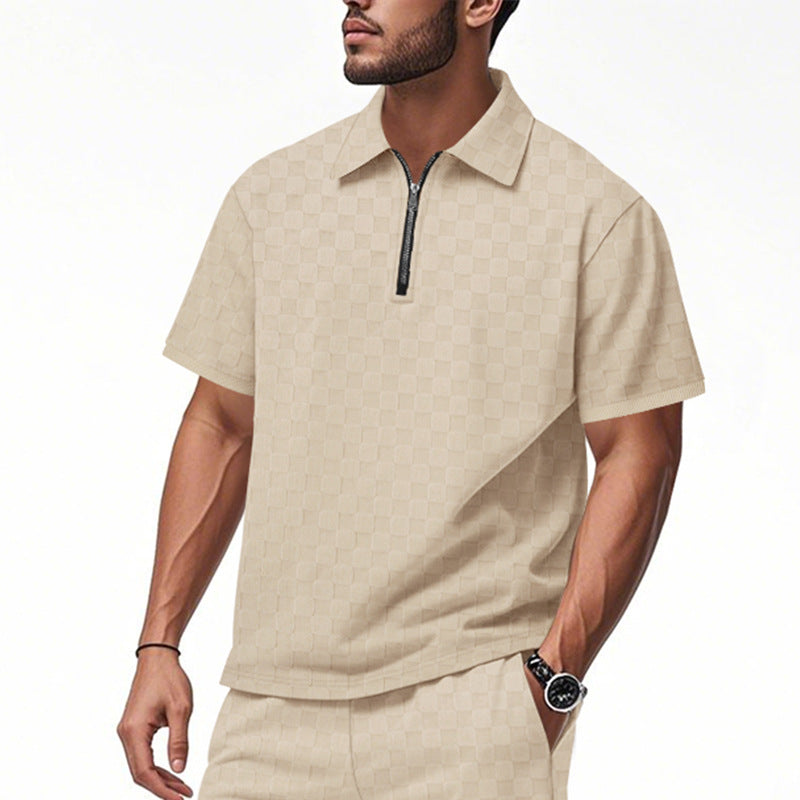 Herren nan kurzes Halbzip-Poloshirt aus strukturierter Waffelpiqué mit Hemdkragen und figurbetonter Passform Shopnory
