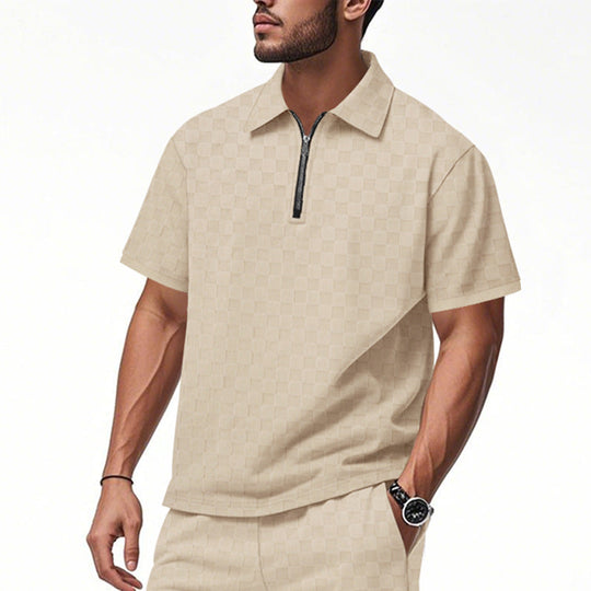 Herren nan kurzes Halbzip-Poloshirt aus strukturierter Waffelpiqué mit Hemdkragen und figurbetonter Passform Shopnory