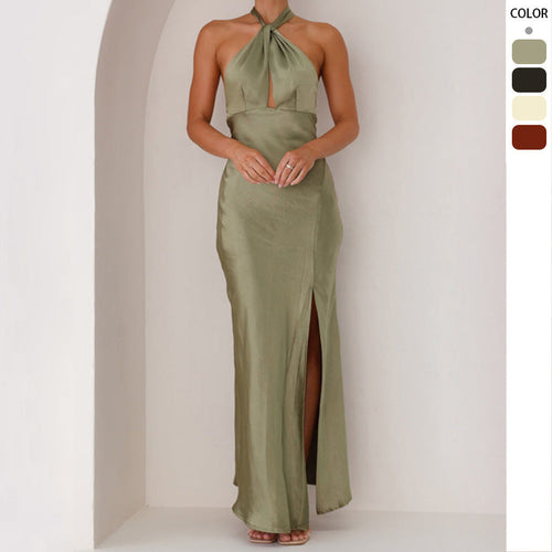 Damen Elegantes Wickelmaxikleid im Halterneck-Stil mit seitlichem Schlitz und Taillengürtel