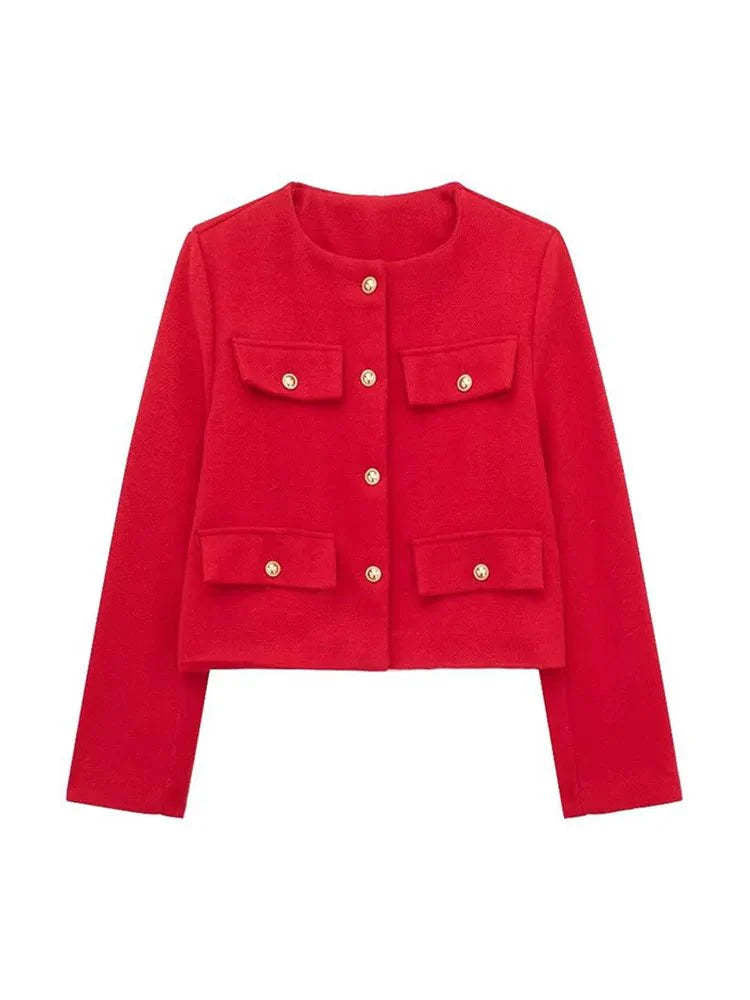 Damen Kurzjacke im Bouclé-Style mit Rundhalsausschnitt, Zierknöpfen und aufgesetzten Pattentaschen Shop Nory