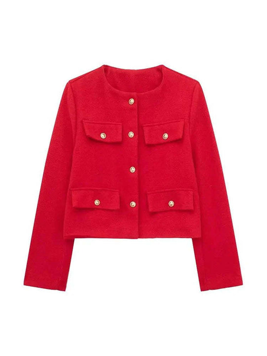 Damen Kurzjacke im Bouclé-Style mit Rundhalsausschnitt, Zierknöpfen und aufgesetzten Pattentaschen Shop Nory