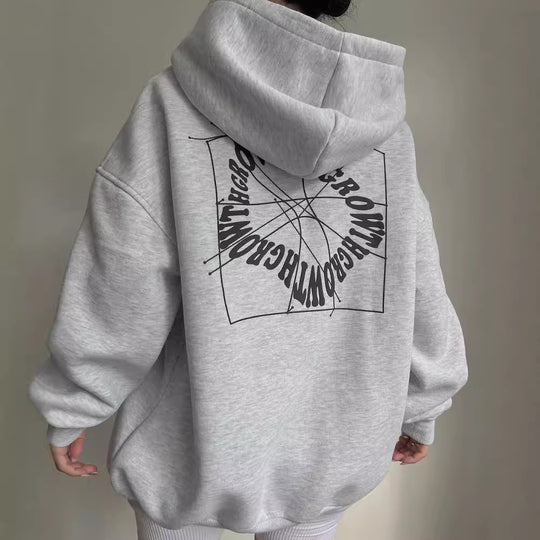 Damen Oversized Kapuzenpullover mit abstraktem Rückenprint und gerippten Bündchen Shop Nory