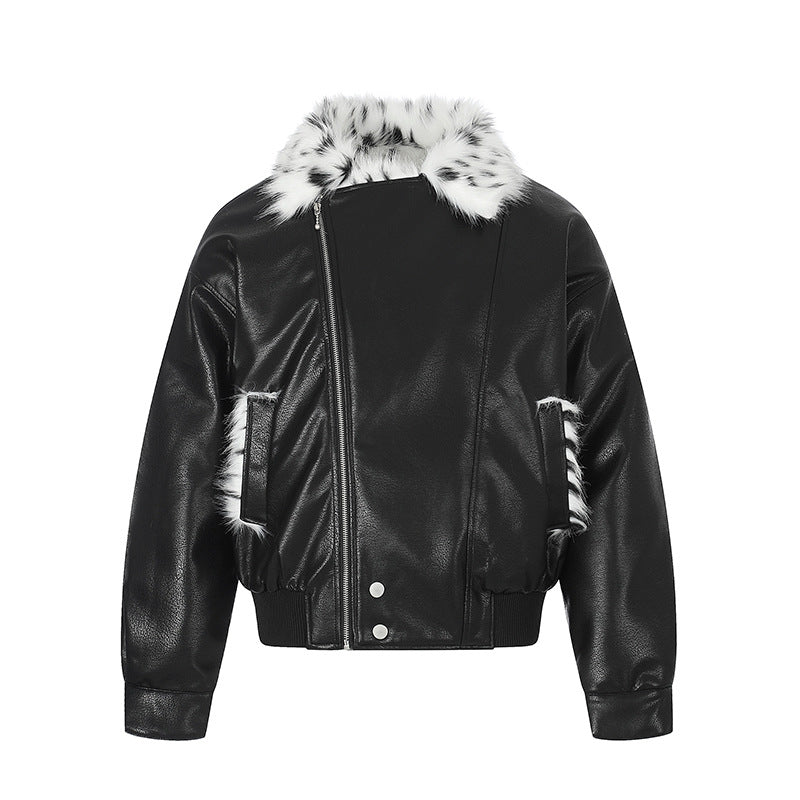 Damen Kunstleder-Bomberjacke mit asymmetrischem Reißverschluss und kontrastierendem Faux-Fur-Kragen Shop Nory