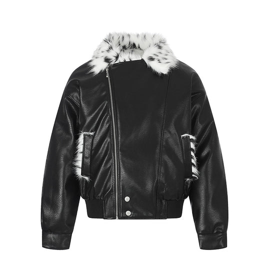 Damen Kunstleder-Bomberjacke mit asymmetrischem Reißverschluss und kontrastierendem Faux-Fur-Kragen Shop Nory
