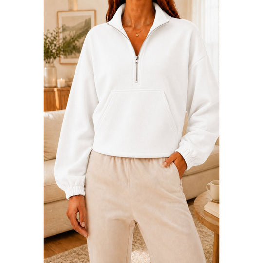 Damen Kurz geschnittener Sweatshirt-Pullover mit halbem Reißverschluss und Kängurutasche Shop Nory