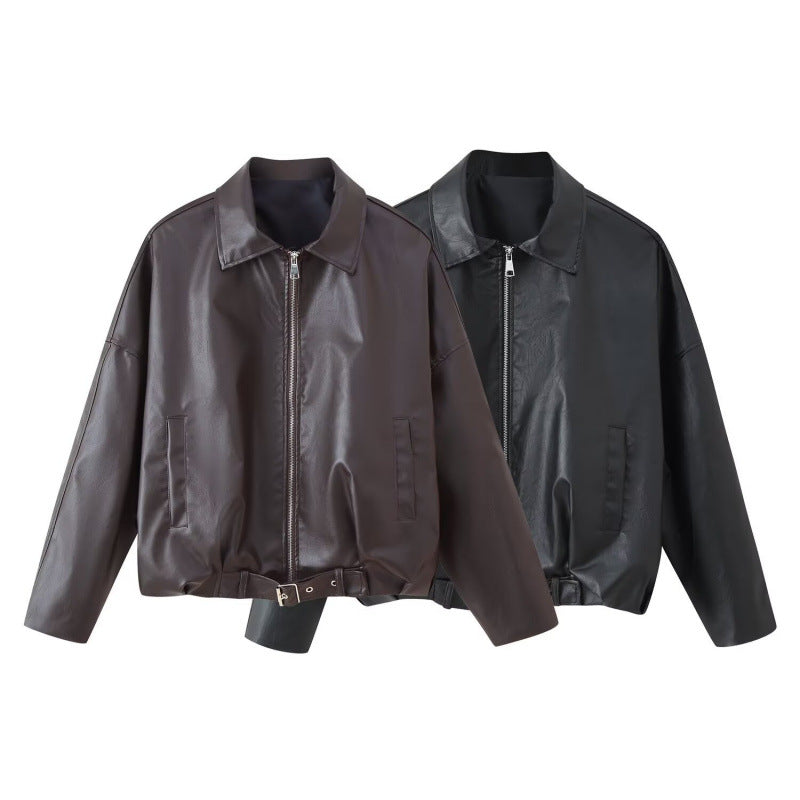 Unisex Oversize Kunstlederjacke mit Reißverschluss Hemdkragen und Taillengürtel Shop Nory