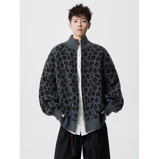Herren Modische Strickjacke mit Leopardenmuster und hohem Kragen Shop Nory