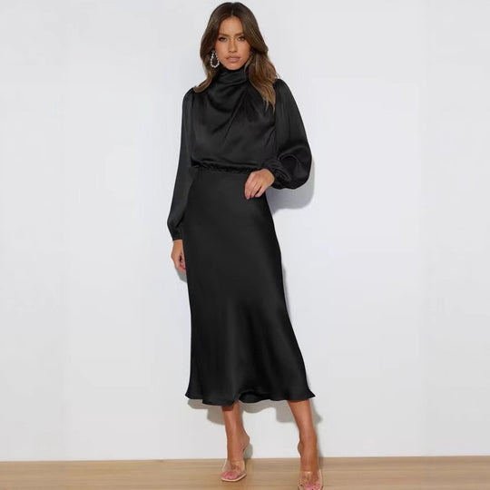 Damen Elegantes Satin-Midikleid mit Stehkragen, Blouson-Oberteil und fließendem Rock Shop Nory