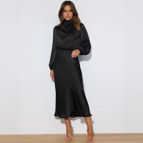 Damen Elegantes Satin-Midikleid mit Stehkragen, Blouson-Oberteil und fließendem Rock Shop Nory