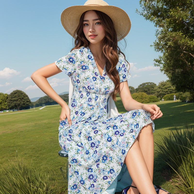 Damen Elegantes Maxikleid mit floralen Akzenten und leichtem V-Ausschnitt Shopnory
