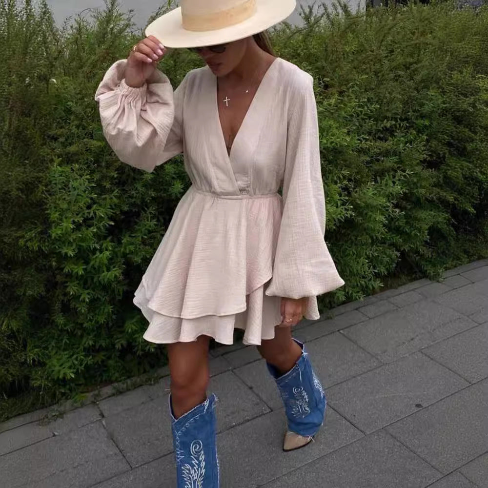 Damen Luftiges Wickelkleid mit Volantstufen und Ballonärmeln Shop Nory
