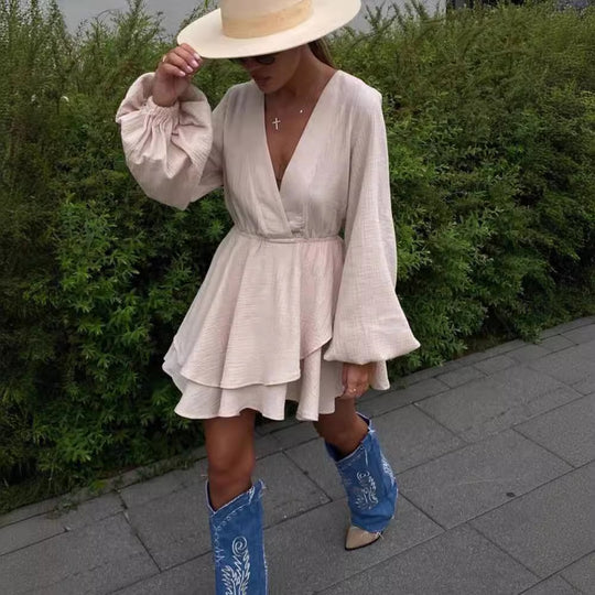 Damen Luftiges Wickelkleid mit Volantstufen und Ballonärmeln Shop Nory