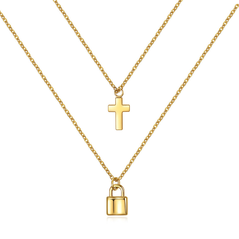 Damen Halskette mit doppeltem Anhänger in Form eines Kreuzes und eines Schlosses Shop Nory