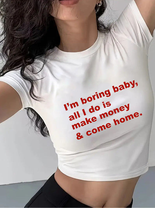 Damen Crop-T-Shirt mit kreativem Motiv und figurbetontem Schnitt Shopnory