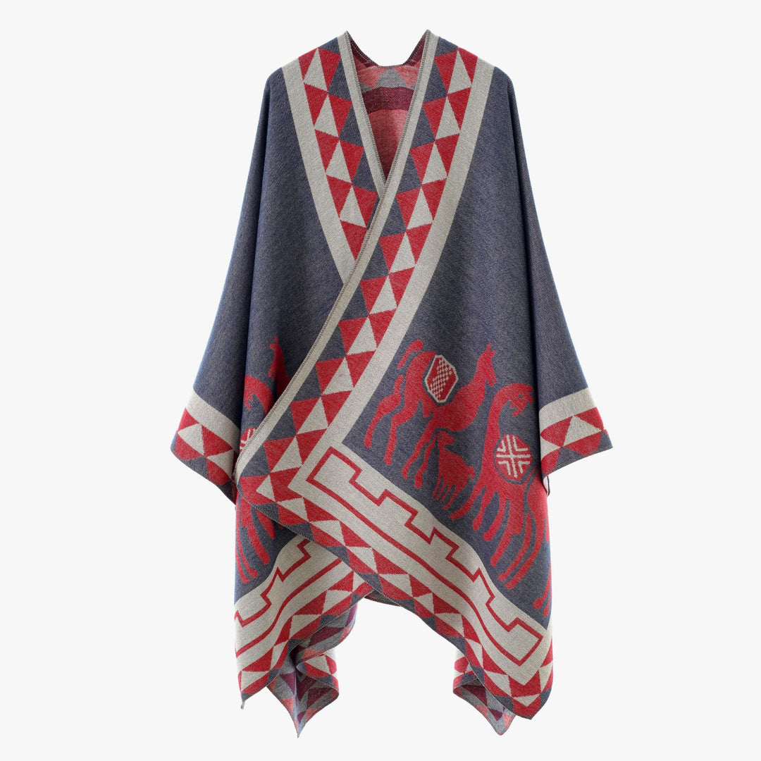 Damen Jacquard-Poncho mit Reitmotiv und geometrischem Bordürenmuster Shop Nory