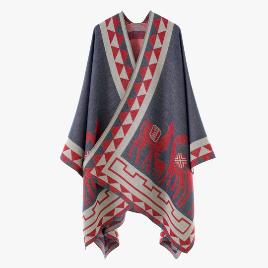 Damen Jacquard-Poncho mit Reitmotiv und geometrischem Bordürenmuster Shop Nory