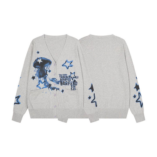 Damen Geknöpfte V‑Neck Strickjacke mit Allover-Print, Eingrifftaschen und geripptem Saum Shop Nory