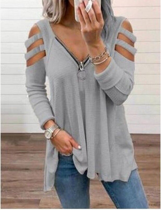 Damen lässiges Oberteil mit modischen Cut-Out-Details und Reißverschluss Shopnory