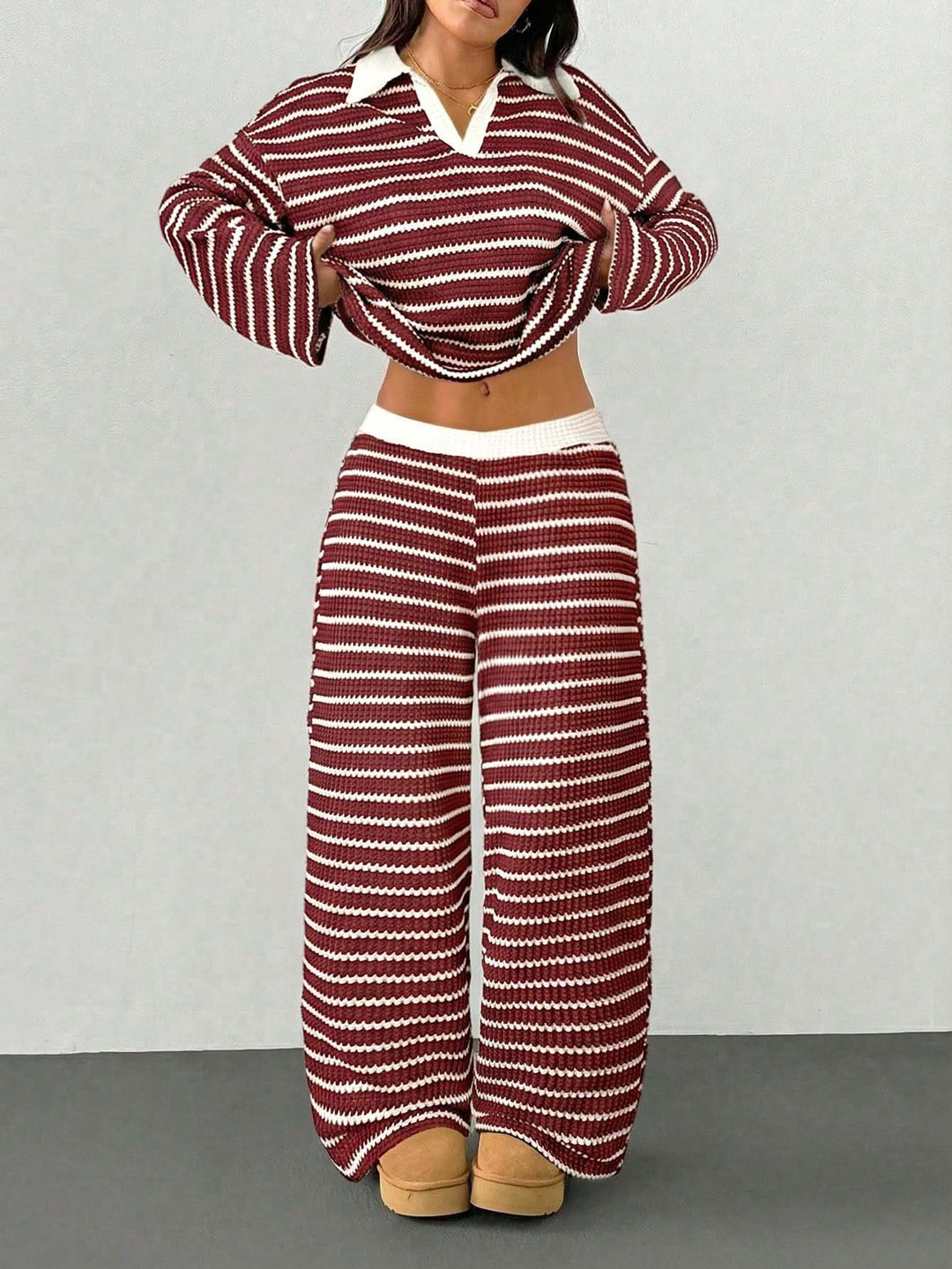Damen Gestreiftes Strick-Set aus Polokrippenpullover und weiten Palazzo-Strickhose Shop Nory