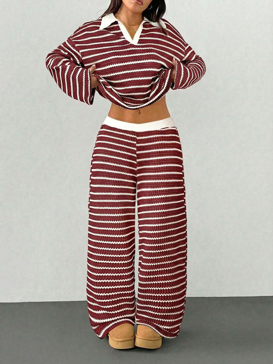 Damen Gestreiftes Strick-Set aus Polokrippenpullover und weiten Palazzo-Strickhose Shop Nory