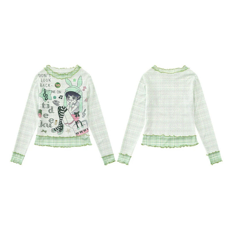 Damen Transparentes Mesh-Langarmshirt mit Manga-Print, Rüschensaum und Karomanschetten Shop Nory
