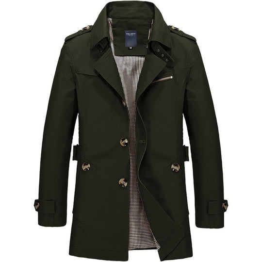 Herren Kurzer Doppelreihiger Trenchcoat mit Reverskragen, Schulterklappen und karierter Innenfütterung Shop Nory
