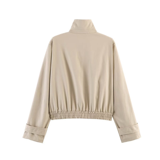 Damen Kurz geschnittene minimalistische Blousonjacke aus weichem Vegan‑Leder mit Umlegekragen und elastischem Saum Shop Nory