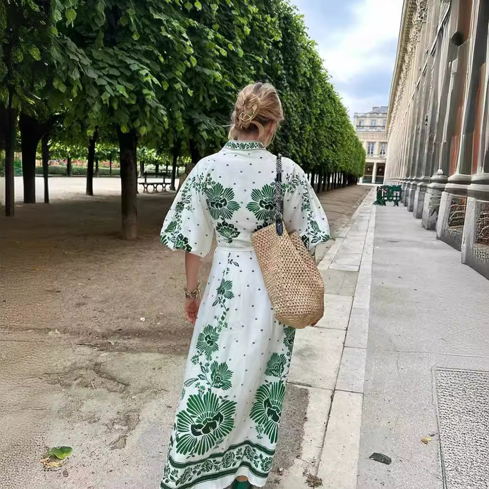 Damen Maxi-Kleid im Boho-Hemdstil mit Stehkragen und durchgehender Knopfleiste Shop Nory