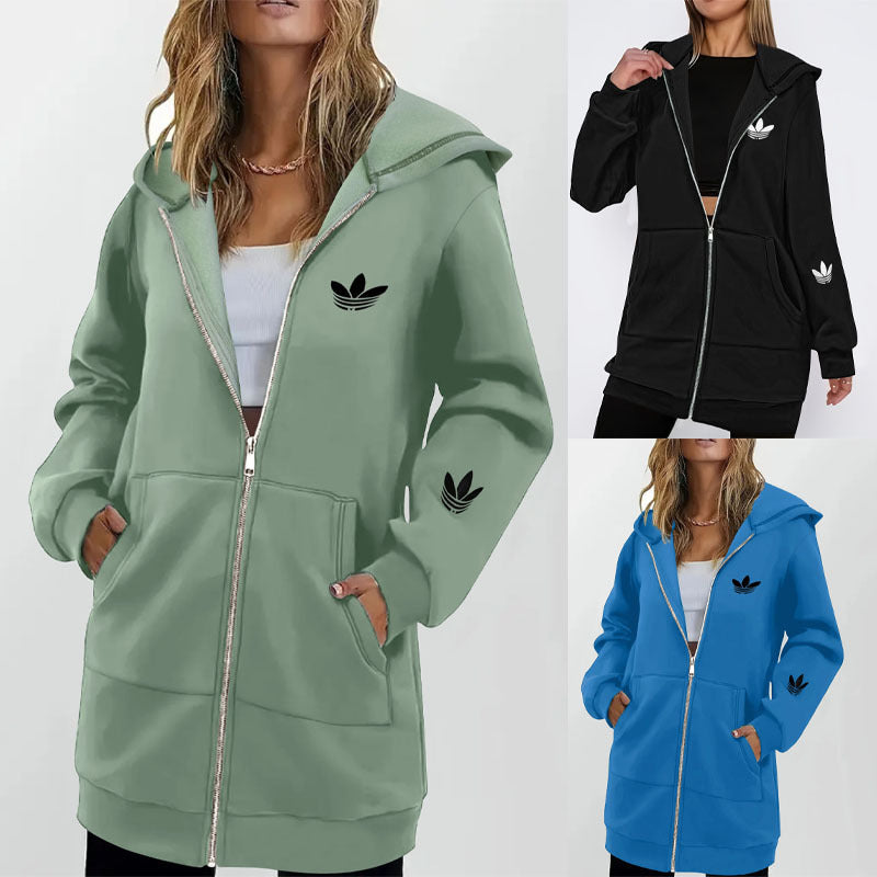 Damen Lange Kapuzen-Sweatjacke mit Metallreißverschluss, Kängurutaschen und figurumspielender Silhouette Shop Nory