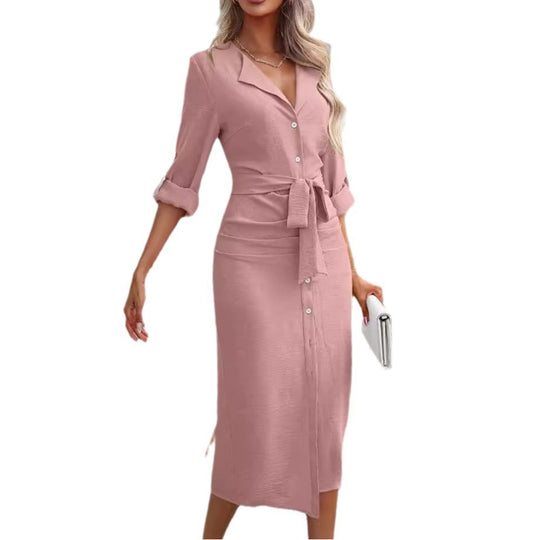 Damen Tailliertes Hemdblusen-Midikleid mit Bindegürtel, durchgehender Knopfleiste und Dreiviertelärmeln Shop Nory